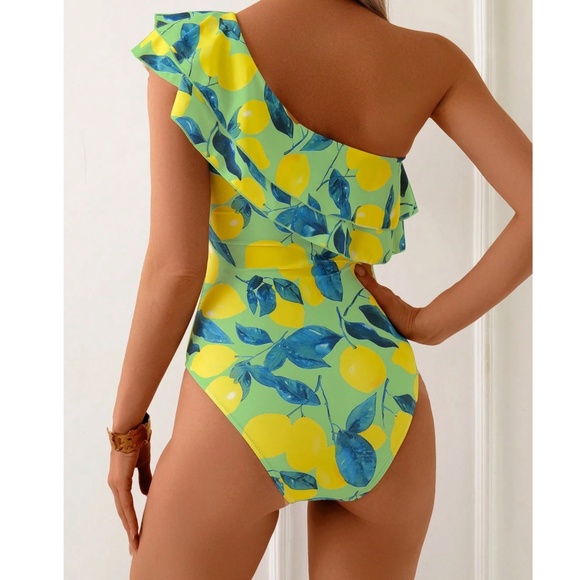 Colorful Lemon leaves Print Ruffle Detail One Shoulder Monokini One Piece Swimsu - Picture 3 of 4